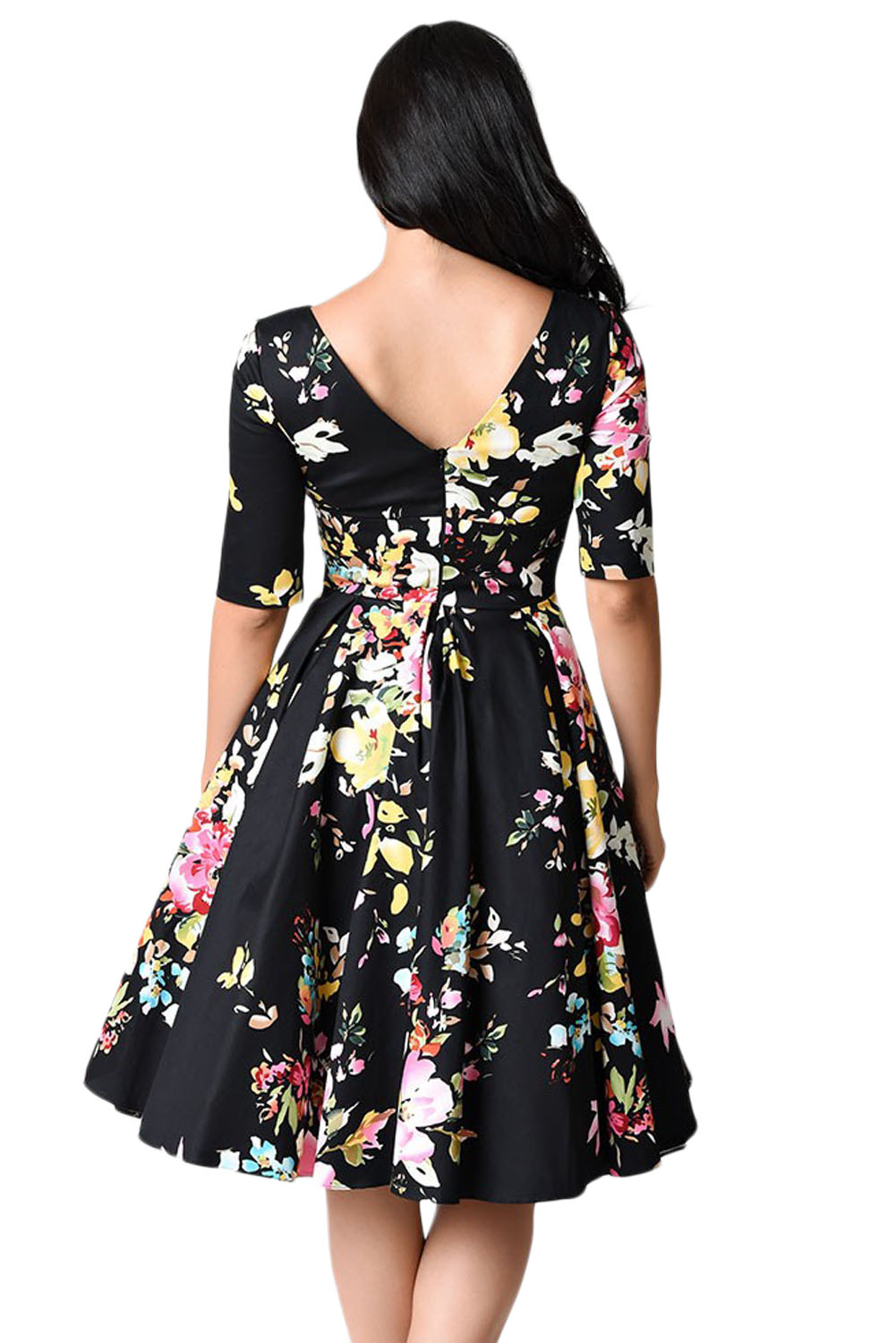 BY61702-2 Black Vintage Style Floral Half Sleeve Swing Dress